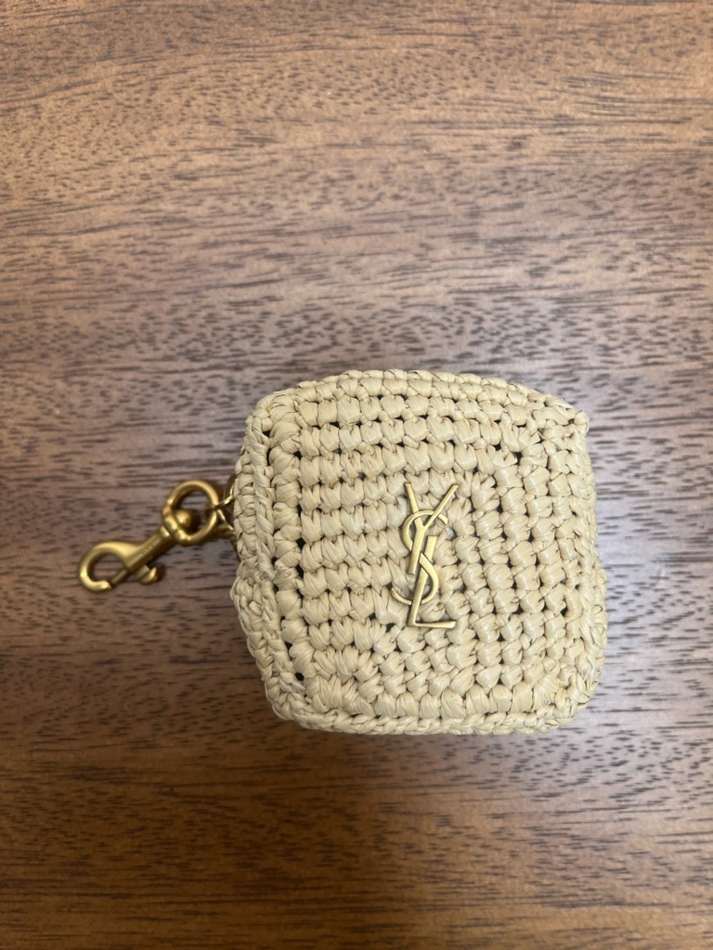 YSL Raffia Keychain Cube Charm in Natural Beige with Gold Hardware